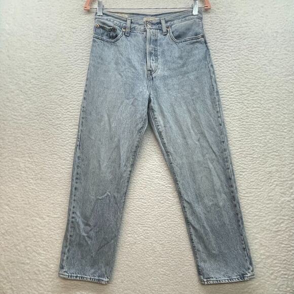 Levis Jeans Womens 27 Blue Wedgie Straight Button Fly Distressed Retro Mid Rise - Picture 1 of 14